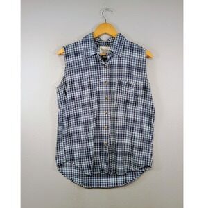 Coastal Cottagecore Natural Wear Womens Large Blue Plaid Linen Cotton Sleeveless
